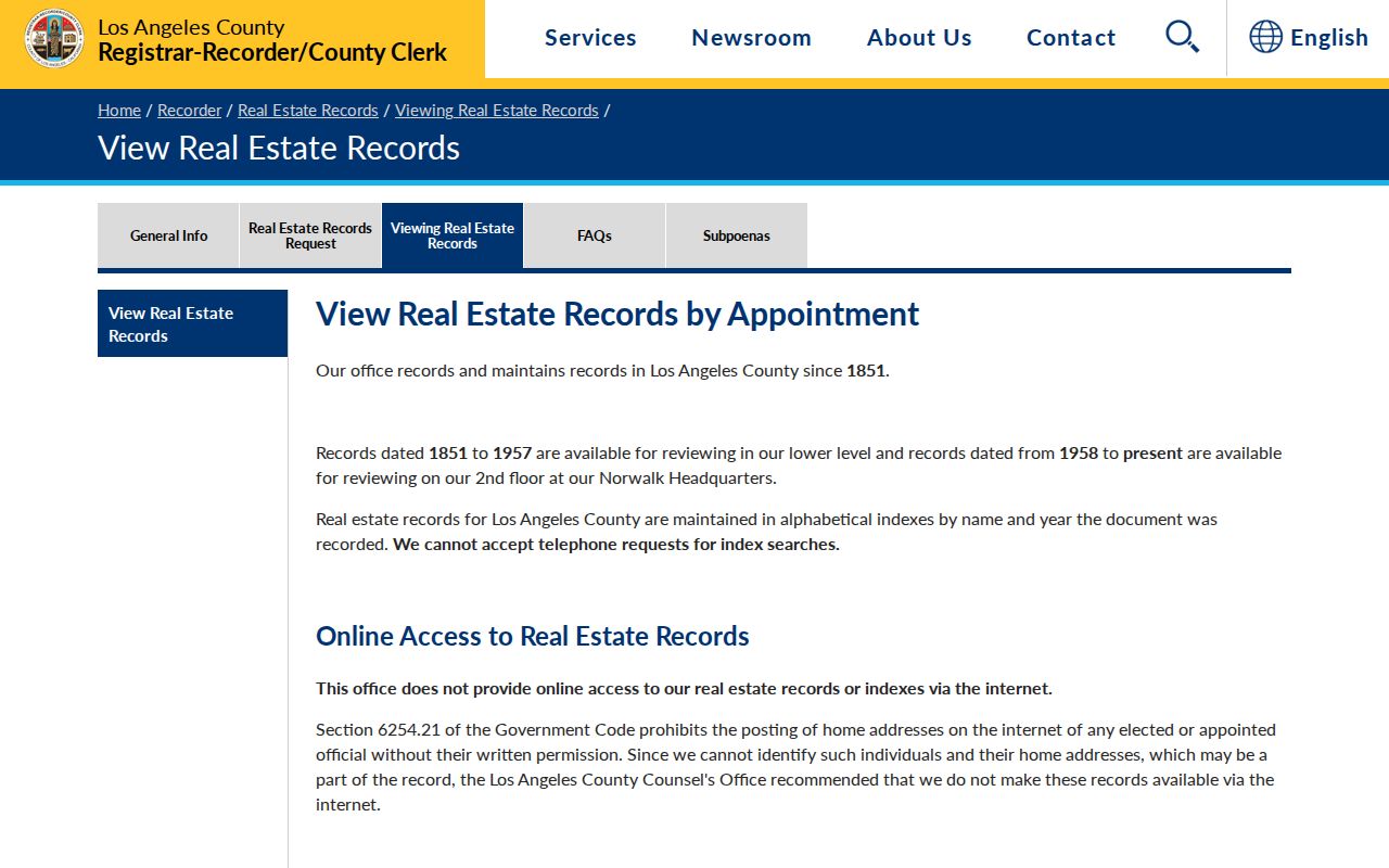Walnut residents directory record view showing Los Angeles County recorder name and year access