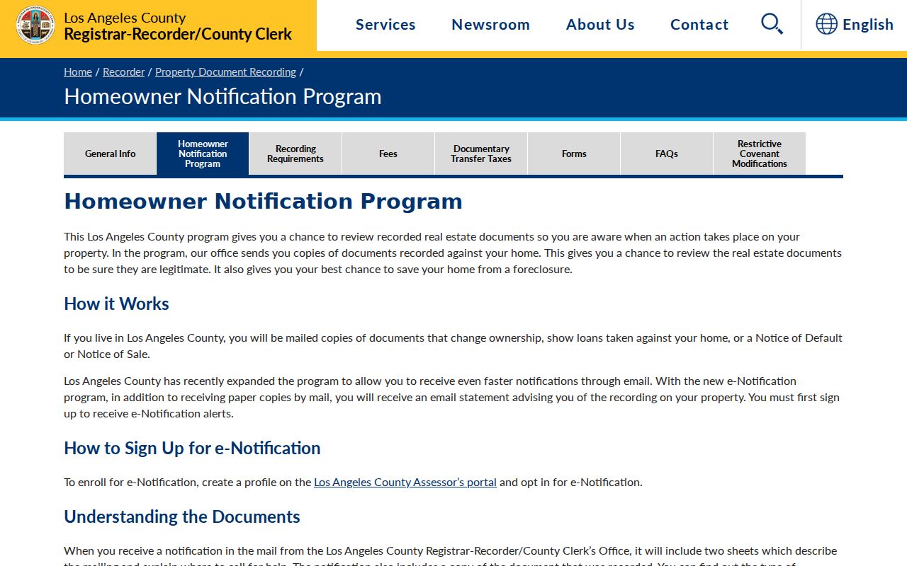 Walnut previous residents view of Los Angeles County homeowner recording notifications