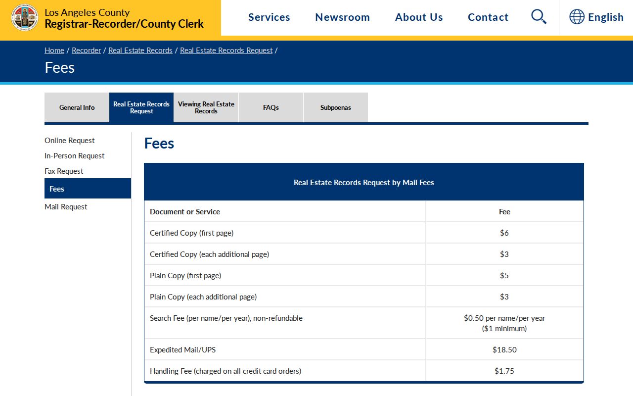 Walnut previous residents view of Los Angeles County recorder copy and search fees